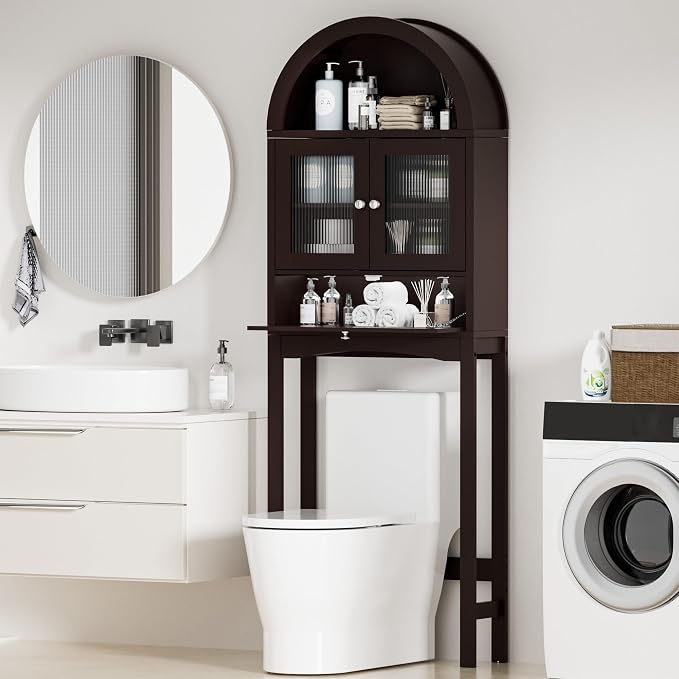 Spurgehom Over The Toilet Storage Cabinet, Bathroom Shelf Organizer Freestanding, Bathroom Arch Cabinet Over Toilet with Glass Door and Anti-Tipping Device, Coffee