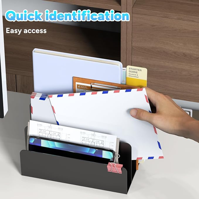 Mail Organizer Countertop, Small Desk File Organizer, Metal File Holder - Essential Workspace Organizers for Office Desk, Home Office (Black)