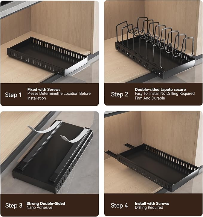 Black Pull Out Pot Lid Organizer, Cabinet Pan Rack, 8 Dividers | 2-pack black carbon steel rack, 16 adjustable dividers, quiet slide rails, adhesive or screw mount for lids, pans, bakeware