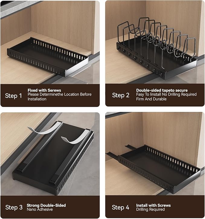 Pull Out Pot Lid Organizer, Cabinet Pan Rack, 10 Dividers | 2-pack black carbon steel rack, 16 adjustable dividers, quiet slide rails, adhesive or screw mount for lids, pans, bakeware