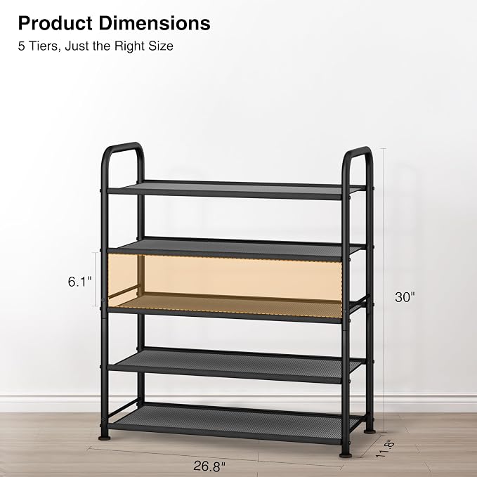 STO STO 5-Tier Shoe Rack with Sturdy Mesh Shelves, Heavy Duty Metal Shoe Organizer for Entryway, Closet, Garage, Front Door, Holds 15 Pairs, Free Standing Shoe Storage Shelf, Adjustable Feet, Black