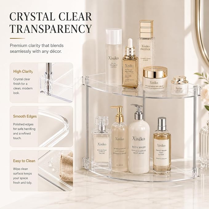 2 Tier Clear Corner Bathroom Counter Organizer, Vanity Countertop Storage Shelf for Makeup, Skincare, Perfume, Kitchen & Sink Organization, Space‑Saving Triangular Design, with Metal Support