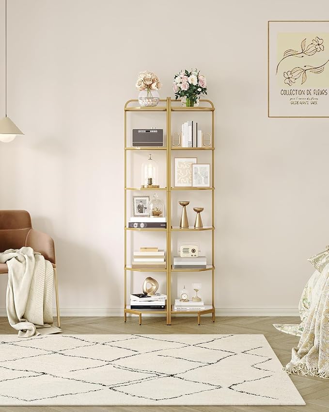 Hzuaneri Corner Shelf Stand, 6-Tier Glass Bookshelf Bookcase, Bathroom Organizer, Plant Stand, Steel Frame, Tempered Glass, Modern Style for Living Room, Bathroom, Kitchen, Golden CS90600G
