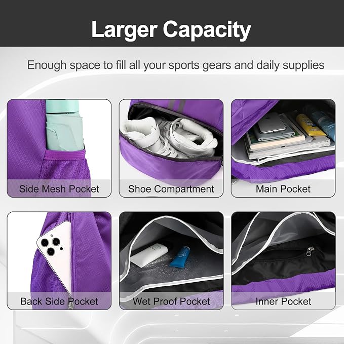 Hoedia Sports Drawstring Backpack - String Swim Gym Bag with Shoes Compartment and Wet Proof Pocket for Women/Men (Purple)