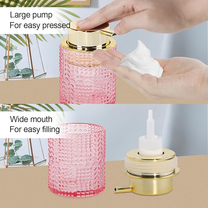 2pcs Glass Foaming Soap Dispenser, Pink Bathroom Foam Hand Soap Dispenser with Gold Pump, Refillable 10 Oz Lotion Shampoo Pump Dish Bottle Container for Bathroom Kitchen Decor