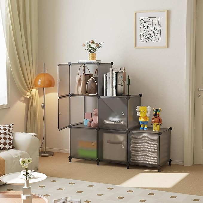 6-Cube Storage Unit with Doors, Cube Organizer for Bedroom, Wardrobe & Under Stairs, 30x30x30cm Compartments, Space-Saving Closet Storage, Grey ATTSL6004