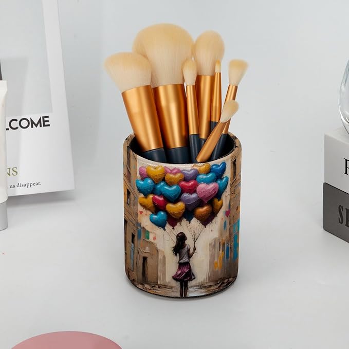 Watercolor Girl and Balloons Pen Holder Pencil Organizer for Desk, 3.1” x 3.1” x 3.9” Pencil Cup Office Supplies, Large Capacity Cute Pen and Makeup Brush Holder for Home, School, Desktop