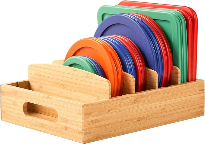 Umilife Bamboo Food Container Lid Organizer for Kitchen Cabinet and Drawer | Adjustable Slots - Premium Bamboo, Pretty Color - Sturdy Versatile Caddy for Snack, Spice - Anti-Skid Silicone Pads