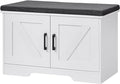 HOMSHO Farmhouse Shoe Storage Bench with 2 Barn Doors & Padded Seat Cushion | 27.6" Wide Entryway Bench with Adjustable Shelves & Hidden Storage, White
