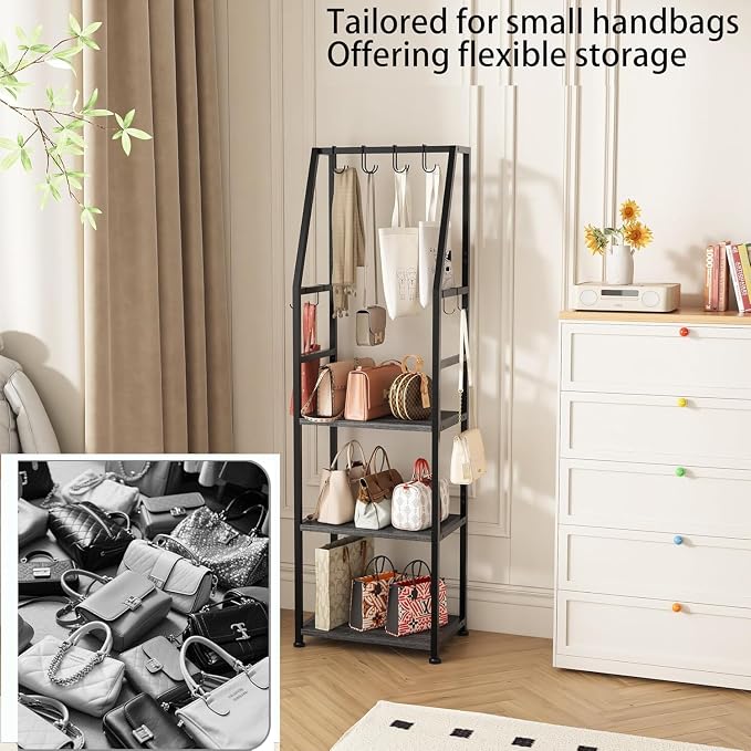 Hall Tree with Hanging Hooks,Heavy-Duty Metal Coat Rack with Shoe Shelves,3-Tier Purse Stand Handbag Organizer，Suitable for Hallway,Bedroom and Bathroom (Black)