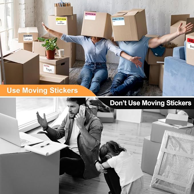 600 Writable Stickers 2” x 3” Each,20 Designs Pre-Printed Color-Coded Home Moving Packing Box Labels with Fragile, Extra, Heavy Labels