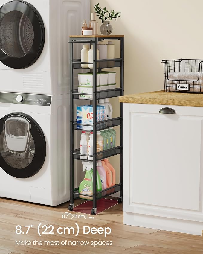 VASAGLE 6-Tier Slim Rolling Storage Cart, Narrow Kitchen Cart with Wheels, Utility Organizer, 17.9 x 8.7 x 51.7 Inch, for Bathroom Pantry, Rustic Brown and Matte Black, Dacey Collection ULRC039K101