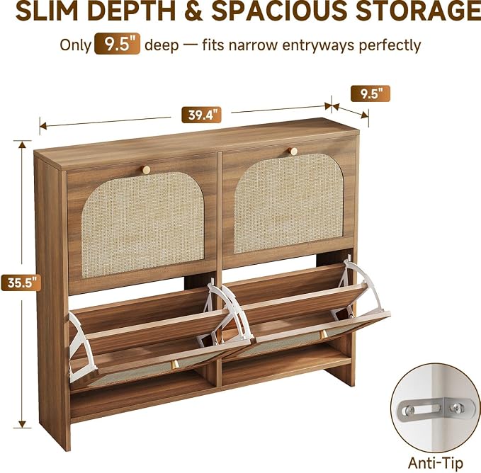 Rattan Shoe Cabinet for Entryway with 4 Flip Drawers, 9.5" Narrow Shoe Rack, Boho Slim Shoe Storage Organizer with Adjustable Shelves, Anti-Tip Safety, 9.5" D x 39.4" W x 35.5" H