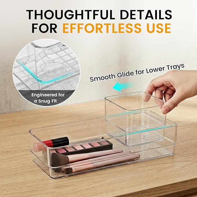 33 PCS Clear Plastic Drawer Organizer Set, 4 Sizes Acrylic Drawer Storage Trays Non Slip Storage Bins for Makeup, Jewelry, Gadgets for Kitchen, Bedroom, Bathroom, Office