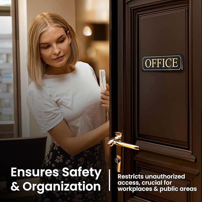 The Office Door Sign for Your Home and Business with Bigger Gold Letters - Bright Acrylic Self-Adhesive Sign 9×3 in with Double Sided 3M Tape - Quick and Easy Installation Without Any Tools