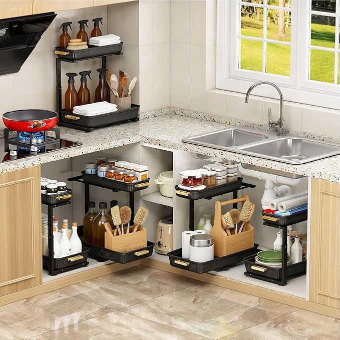 ARSTPEOE Under Sink Organizer - 2 Packs Multi-Purpose Pull-Out Storage Organizers, Slide out Pull out Cabinet Organizer Shelf, Storage for Kitchen Bathroom, Black