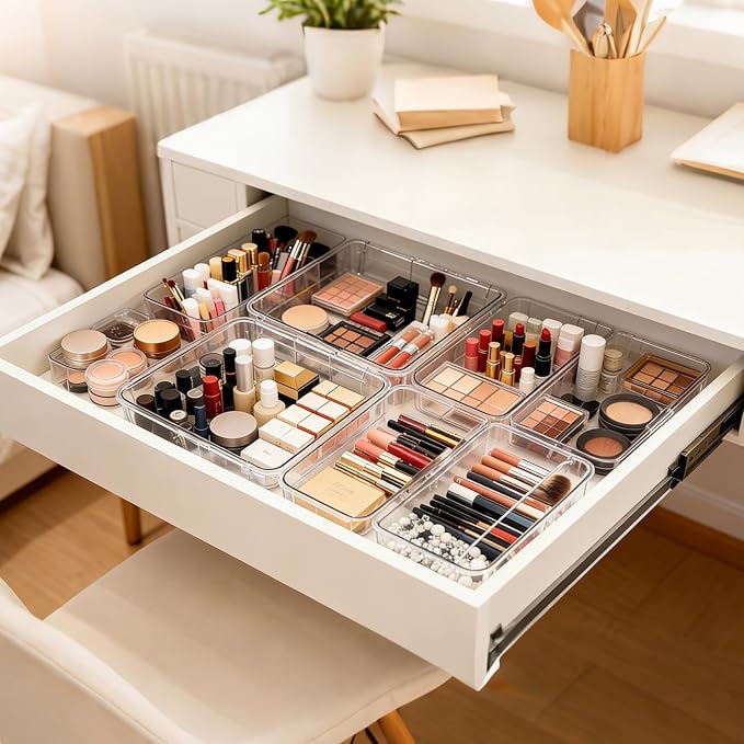 16 PCS Clear Drawer Organizer Set, Expandable Acrylic Vanity Storage Bins, 2 Sizes Adjustable Plastic Junk Drawer Dividers, BPA-Free Non-Slip Stackable Organizers for Makeup, Bedroom, Office & Tools