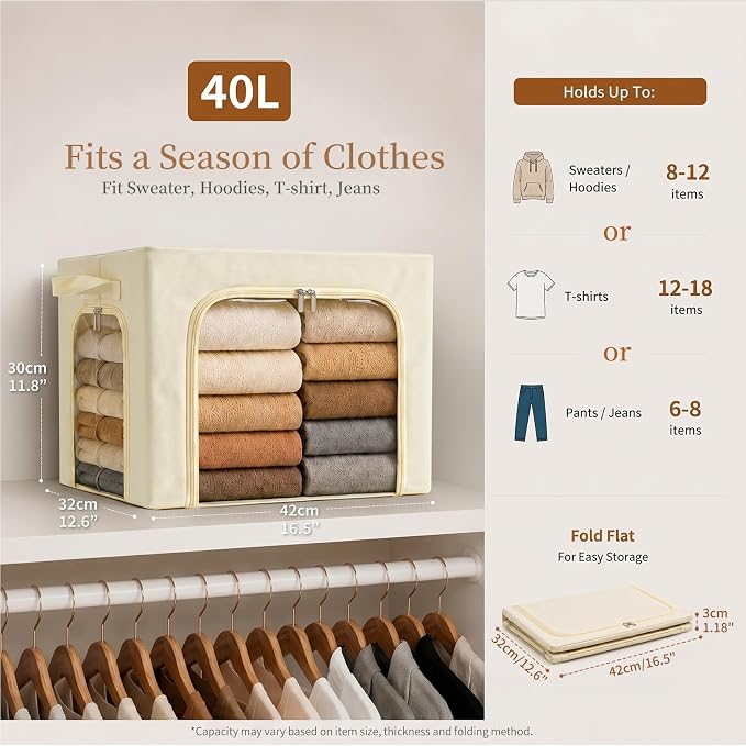 GoMaihe 3 Opening Clothes Storage Bins with Metal Frame, 40L Sweater Storage Organizer for Upper Shelf Closet Storage Boxes with Clear Window for Hoodies Jeans Towel 3-Pack Beige