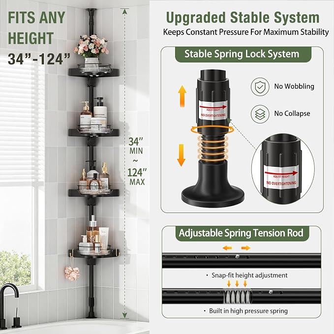 shuang qing 360° Rotating Corner Shower Caddy Tension Pole Organizer, 4-Tier Adjustable Shower Shelves, Rustproof Metal Pole with Safety Guardrail, Bathroom Storage for Shower & Bathtub (Black)