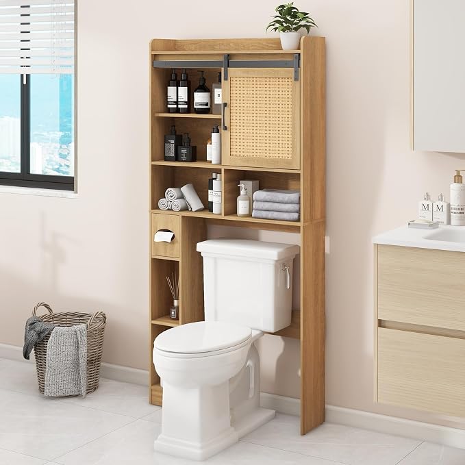 Vabches Over The Toilet Storage Cabinet with Sliding Barn Door. Rattan Oak | Farmhouse Storage Cabinet with Toilet Paper Holder Stand, Home Space-Saving Toilet Rack, for Bathroom, Restroom, Laundry