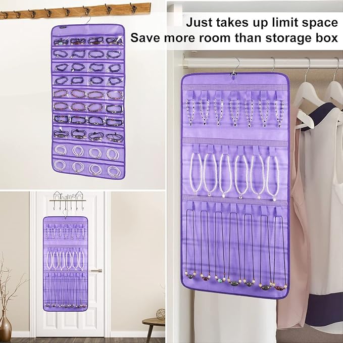 Dual-sided Hanging Jewelry Organizer with 40 Pockets and 20 Hook Loops Necklace Holder Jewelries Organizer for Earrings Bracelets Rings with 360 Degree Rotating Hanger (40 Pockets and 20 Hook Loops-Purple)