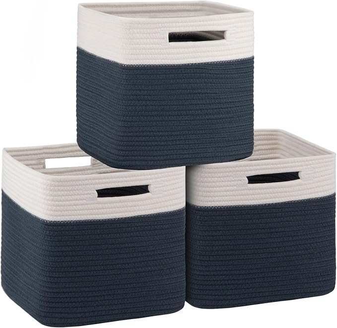 OIAHOMY Cube Storage Basket, 3-Pack Woven Cotton Rope Baskets for Storage, 11-Inch Cube Basket with Handles, Great for Shelves, Closets, Children's Toy Storage and Organization-White & Blue