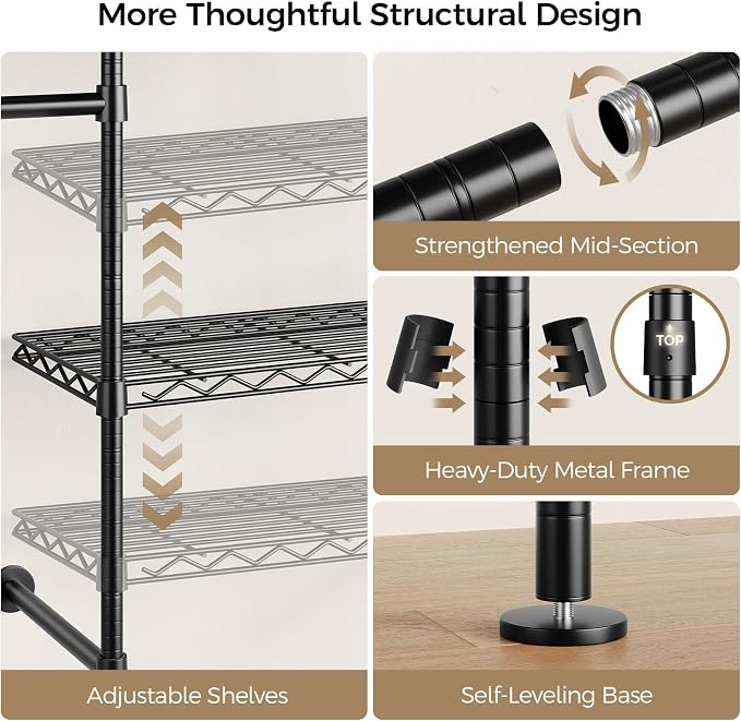 Closet Organizers and Storage, 3-Row Heavy Duty Garment Rack Clothes Rack for Hanging Clothes, Wall Mounted Closet System with 4 Telescopic Rods, 4 Hooks, 6 Shelves for Wardrobe, Bedroom, Small Space