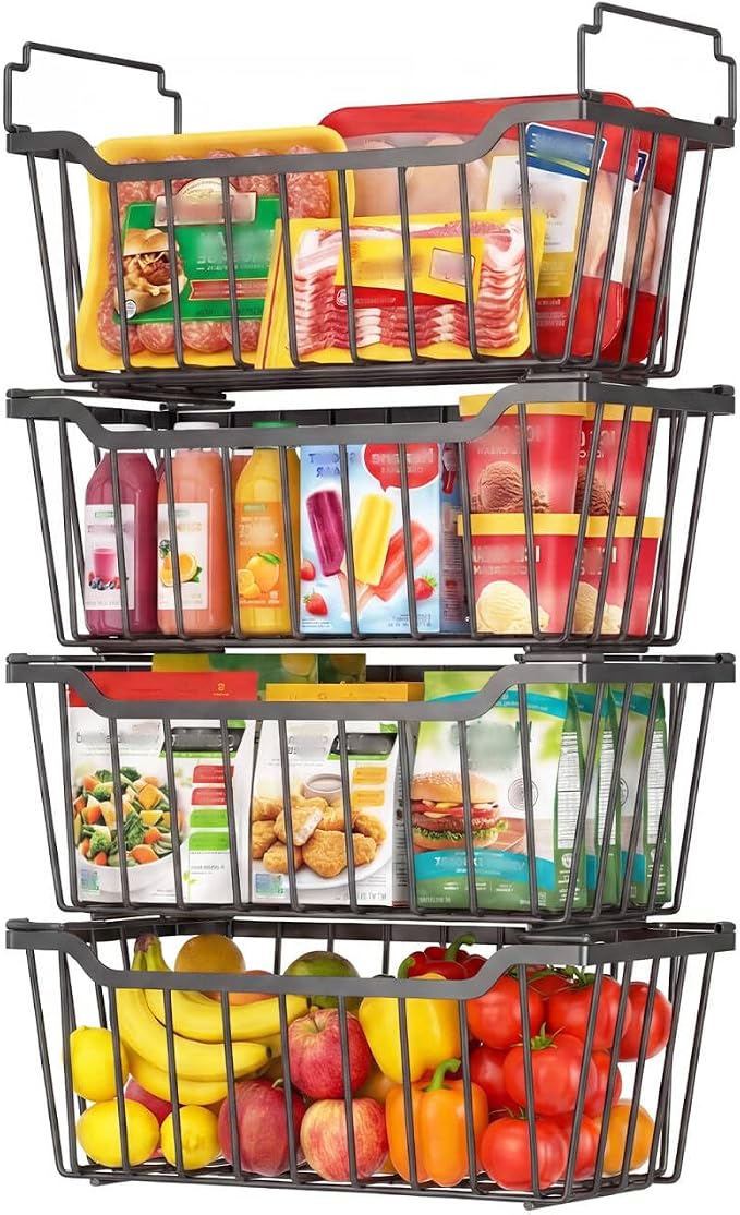 Goovilla Freezer Organizer Bins with Foldable Handle, 4 Pack Stackable Freezer Baskets for 3.5-7 Cu.FT Deep Chest Freezer Organization, Coated Metal Freezer Storage Bins with Better Space Utilization