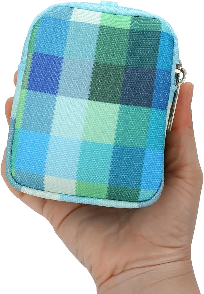E-Tree Coin Purse with Carabiner Clip, Dual Layer Card Case Holder, Mini Pouch for AirPod Earphone Keychain USB Cable,Wallet, Small Accessories Organizer Bag for Women and Men (Blue Checkered)