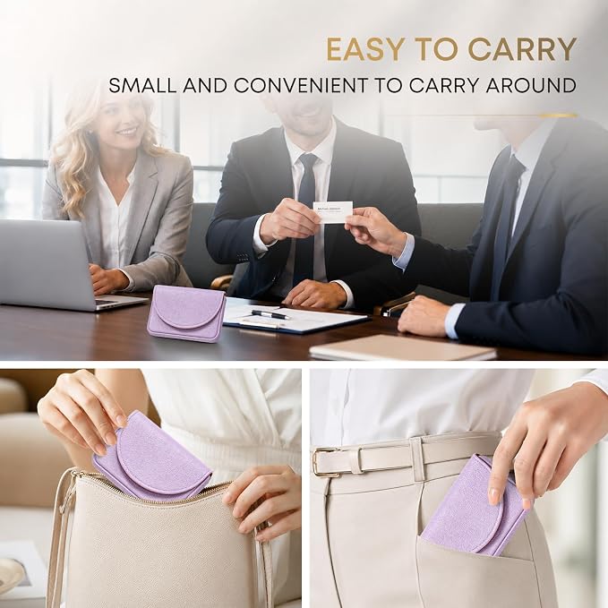 Business Card Holder，PU Leather Business Card Case Wallet Purple | Pocket Travel Name Card Case for Men and Women Gift，Portable Magnetic Business Card Carrier for Purse