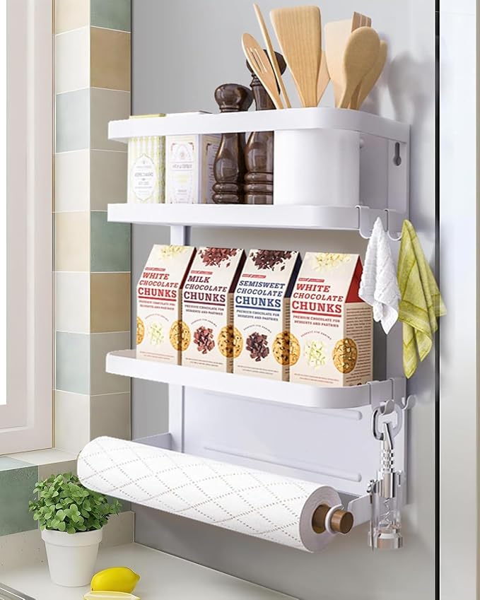 Magnetic Spice Rack for Refrigerator Magnetic Paper Towel Holder for Fridge Magnetic Shelf Magnetic Shelves Fridge Magnet Organizer Spice Rack Kitchen Organization Kitchen Storage(White)