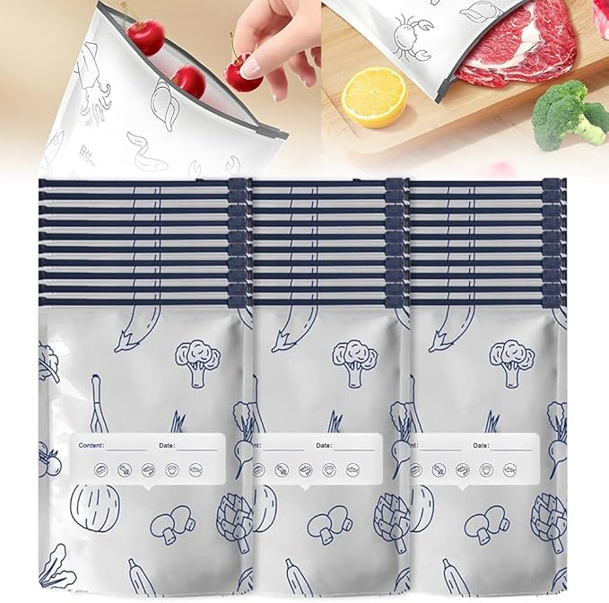 Reusable Aluminum Foil Sealable Storage Bags, Vacuum Zipper Pouches with Label and Stand Up Bottom Design, Leakproof Durable Food Storage Bags for Vegetables Fruits Meat (30, Large)