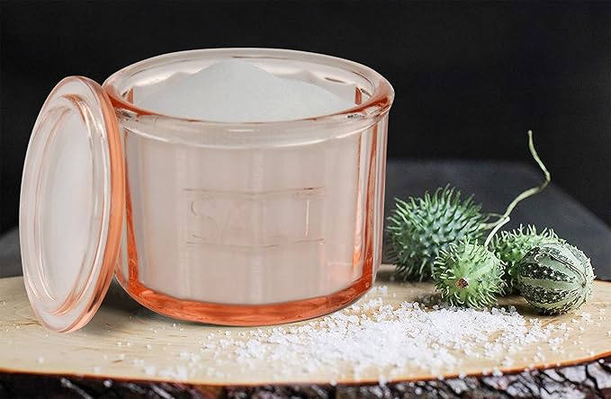 HOME-X Depression Style Pink Glass Salt Cellar with Lid, Retro Kitchen Decor, Wedding Gift - 3 1/2" H x 4" D