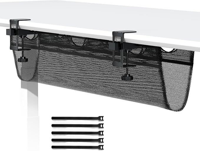 PUTORSEN Cable Management Net, 36 Inch Clamp-on Cable Net Under Desk, No Drill Cable Management for Wire, Mesh Cable Organizer for Home and Office, Black