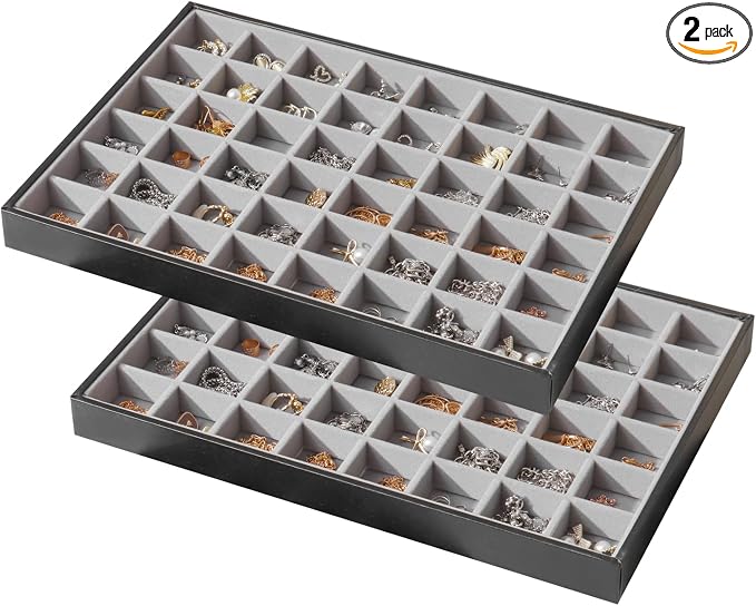 Large Jewelry Organizer Tray 2 Pack, Stackable Jewelry Storage Holder for Drawer Inserts, PU Leather Velvet Jewellery Display Case for Earring Bracelet Necklace Ring (Black Gray, 48 Grids)