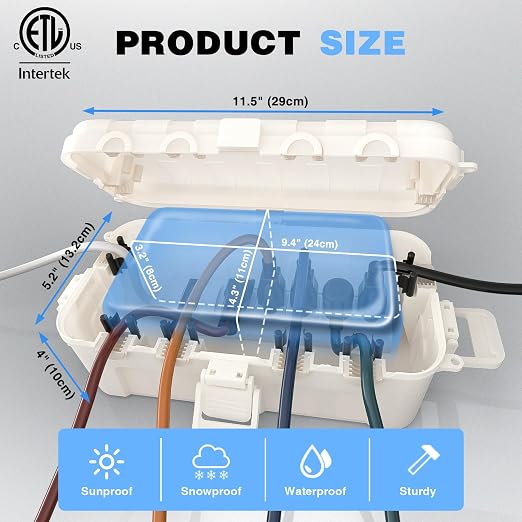 Flemoon Medium Outdoor Electrical Box (11.5x5.2x4 inch), IP54 Waterproof Extension Cord Cover w/6 Cable Entry Ports, Weatherproof Connection Box for Power Strip, Timer, Plug, Holiday Lights, White