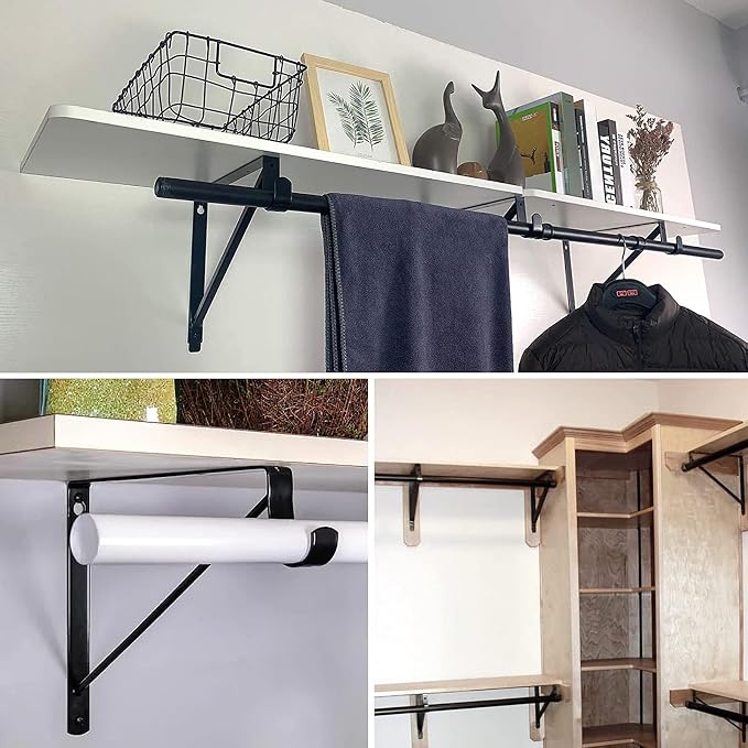 4PCS Heavy Duty Black Closet Rod Brackets 11 x 11 Inch,1-3/8Inch Diameter Shelf and Rod Bracket Holder for Home and Closet Decor, Wall Mount Closet Pole Supports Bracket Hook with Screws