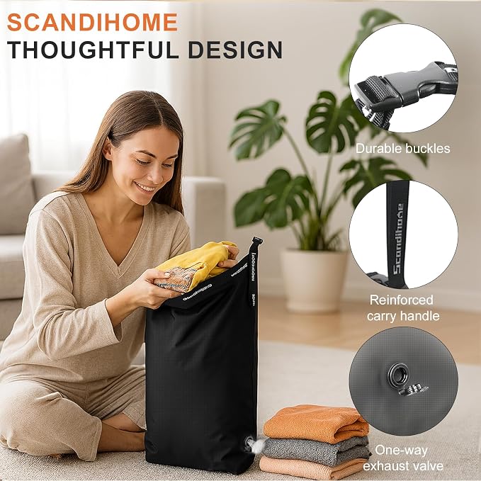 Travel Laundry Bag, Pump Free Vacuum Compression Dirty Clothes Bag Reusable Wet Dry Bags Large Capacity Space Saver Bags Camp Washable Clothes Organizer for Sports Dorm Laundromat (1 Pcs) (Black, L)