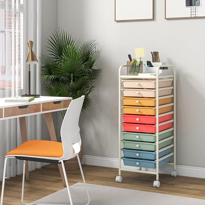 LDAILY 10-Drawer Rolling Storage Cart, Rolling Storage Cart, Storage Organizer on Wheels, Metal Frame, Scrapbook Paper Tools, Suitable for Office School, Classroom (Macaron, 10 Drawer)