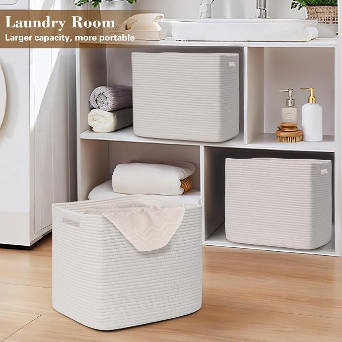 15×13 Inch Storage Cubes, 3 Pack Cube Storage Bins for Organizing, Cotton Rope Woven Baskets for Shelves, Bathroom, Kids Room, Closets, Baby Nursery