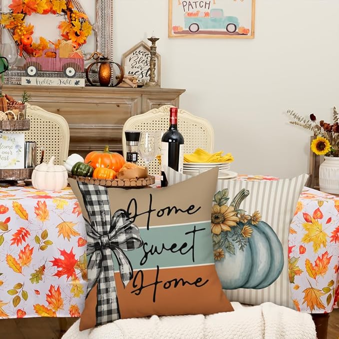 GEEORY Fall Pumpkin Sunflowers Pillow Covers 20x20 Inch Set of 4, Mason Jars Sweet Home Buffalo Plaid Bowknot Autumn Thanksgiving Decorative Throw Pillows Farmhouse Decoration for Sofa Aqua