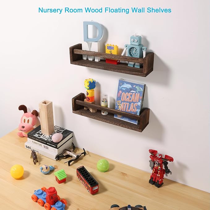 JORIKCHUO Nursery Book Shelves, Set of 2 Wood Floating Book Shelves for Kids Room, Kitchen Spice Rack, or Rustic Wall Mounted Shelves for Farmhouse Bathroom Décor (Carbon Brown)