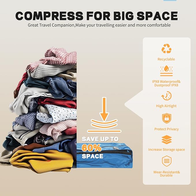 EULANT Travel Vacuum Bags,IPX8 Waterproof Vacuum Compression Bag | Vacuum Bags for Travel Carry-On Suitcase & Travel Backpack,Space Saver Bags Packing Organizers