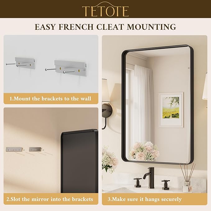 TETOTE 48 x 30 Inch Bathroom Mirror, Matte Black Modern Metal Frame Rectangle Wall Mounted Vanity Mirror (Horizontal/Vertical)