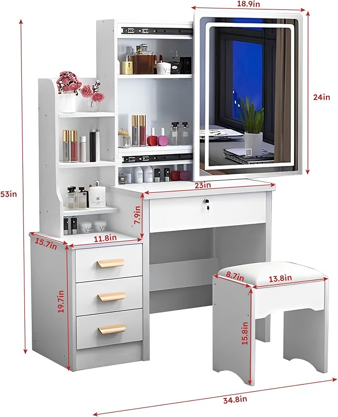 Makeup Vanity Desk with Mirror and Lights, Vanity Table Set with Storage Drawer & Chair & 3 Shelves, 3 Lighting Colors, Adjustable Brightness Small Makeup Vanity White