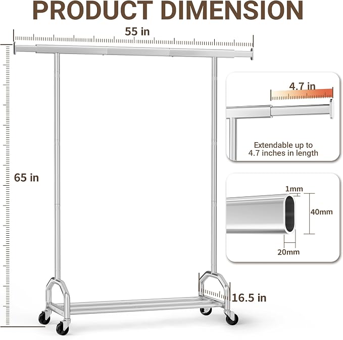 Heavy Duty Rolling Clothing Rack, 450 lbs Capacity Metal Clothes Rack with Wheels, 65" Tall Freestanding Hanging Rack for Bedroom, Laundry Room, Retail Display, Chrome