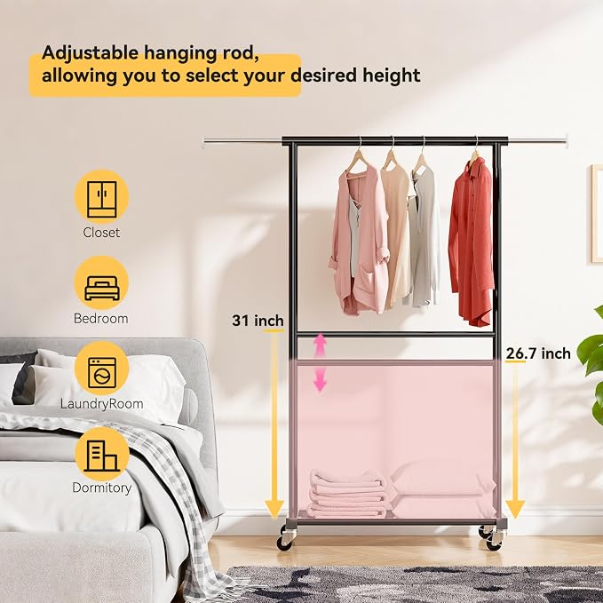 Standard Clothes Rack, Rolling 50“L Clothing Garment Rack with Mesh Shelves on Wheels, Adjustable Portable Wardrobe Rack for Bedroom, Laundry Room, Black