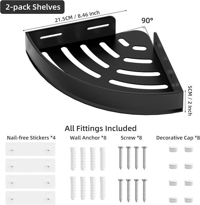 Wisfame Black Corner Shower Caddy, Triangle Shower Shelf No Drilling, Metal | Rustproof Aluminium, Adhesive & Drill Installation, Wall Mounted, 2 Pack, Bathroom Shampoo Holder for Toiletries