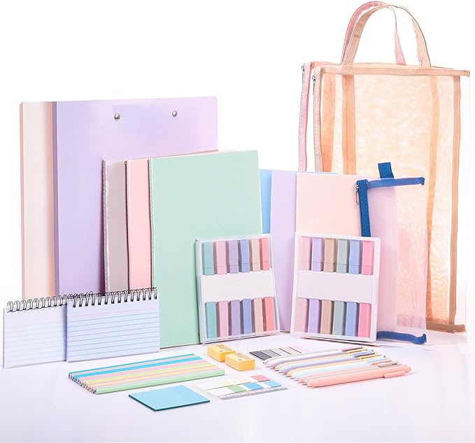 Colarr 54 Pcs Cute Notebook Stationery Set for Women, Bible Study Supplies, 6 Lined Notebooks, 36 Pens, Sticky Notes & Tabs, Bags & Folders for Work Journal Study College Office Supply(Macaron Color)