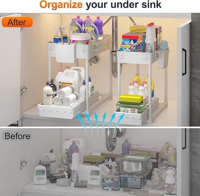 Sevenblue 4-Pack 2-Tier Under Sink Organizer with Pull Out Drawers | Multi-use kitchen & bathroom storage. Includes hanging hooks and cups. White, space-saving cabinet design. 12.8 Inch